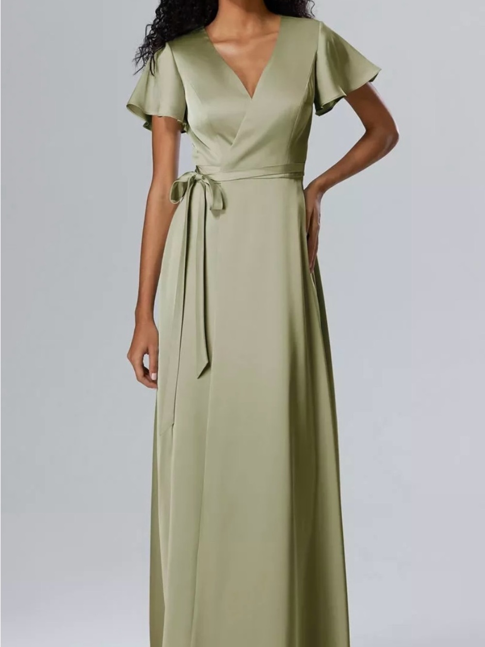 Sage Green Satin Bridesmaid with Flutter Sleeves